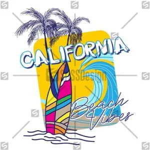 California Beach Vibes Colourful summer vector illustration typography surf board waves palm tree vector t-shirt design