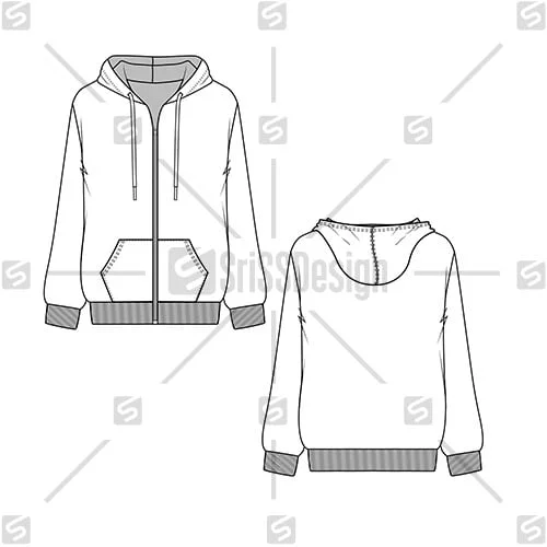 Fashion full open zipper hoodie flat sketch technical drawing