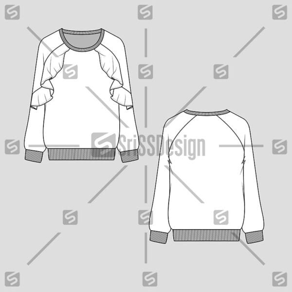 Fashion Crew neck Raglan sleeve ruffles sweatshirt technical flat sketch drawing template vector