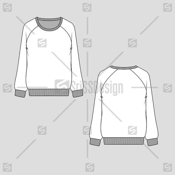 Fashion Crew neck Raglan sleeve sweatshirt technical flat sketch drawing template vector