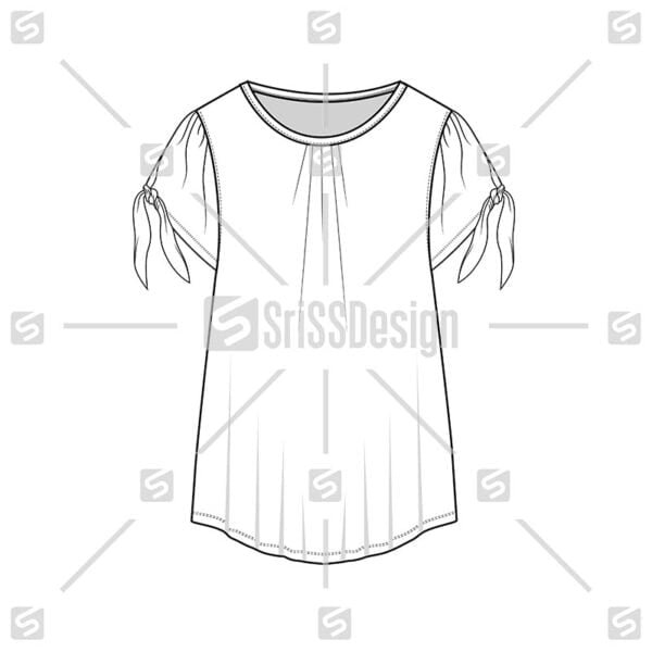 Fashion Crew neck pleat with sleeve knot top technical flat sketch drawing template design