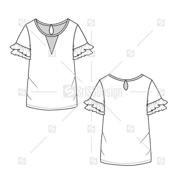 Fashion Crew neck v open layered ruffle sleeve back keyhole top technical flat sketch drawing template