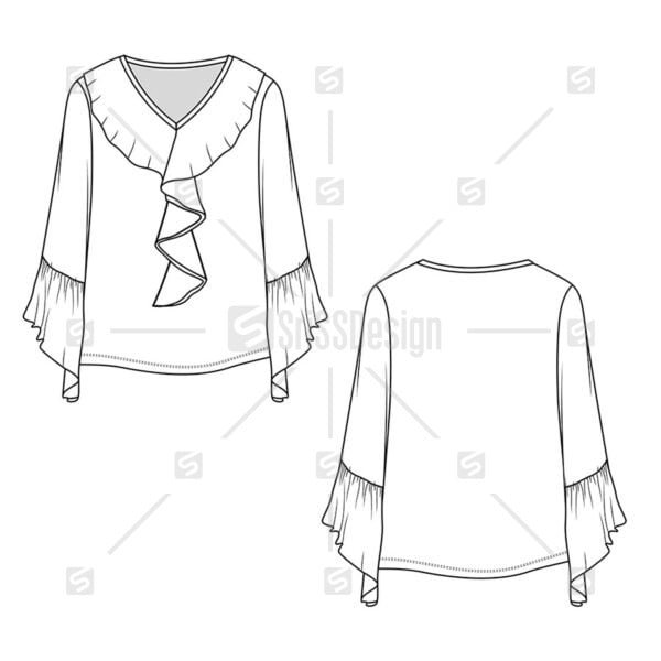 Fashion Fancy Ruffles on neck and sleeve hem top blouse flat sketch technical drawing design vector