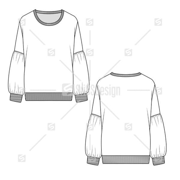 Fashion Lantern Sleeve crew neck Sweatshirt technical Flat sketch drawing vector design