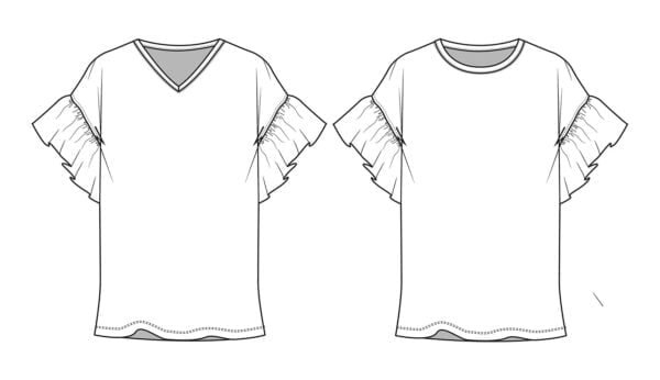 Fashion Ruffle sleeves t-shirt top clothing flat sketches vector