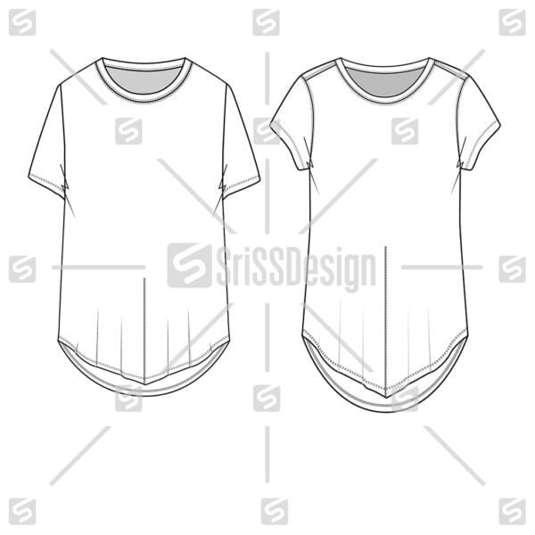 Fashion crew neck front hem v shape with stitch top t-shirt technical drawing flat sketch