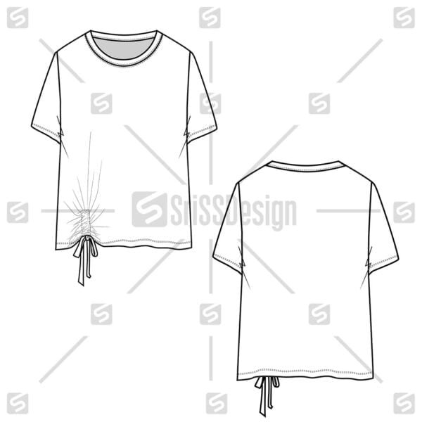 Fashion crew neck front side hem knotted top technical drawing flat sketches design vector