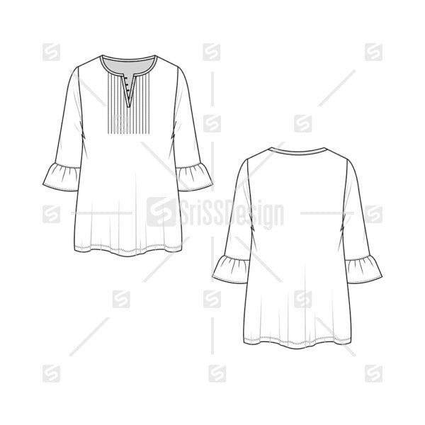 Fashion Henley button panel pleated top Sleeve Ruffle Blouse Flat Sketch template design vector