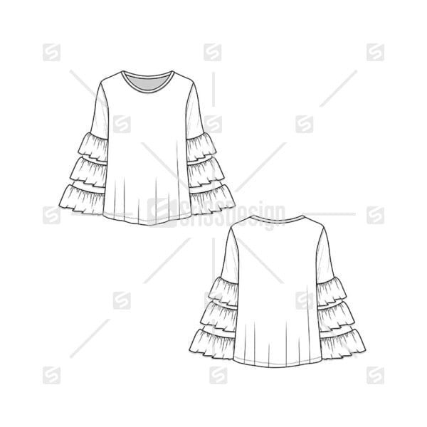 Fashion Layered Ruffle sleeve Crew neck  t-shirt top blouse flat sketch technical drawing design vector