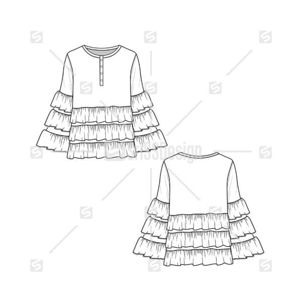 Fashion Layered Ruffles Henley  top blouse flat sketch technical drawing design vector