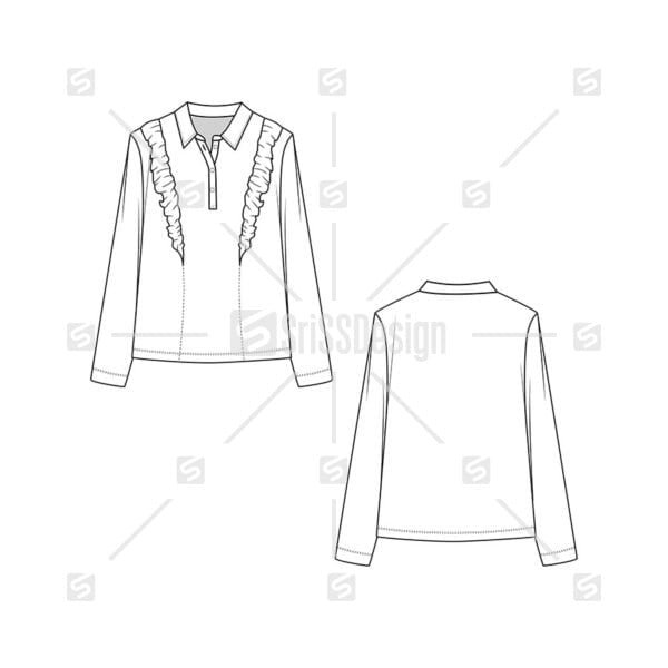 Fashion Ruffles Collar Placket buttons long sleeve blouse t-shirt top technical drawing flat sketches design vector