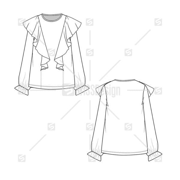 Fashion Shoulder Ruffles sleeve Tops flat sketch