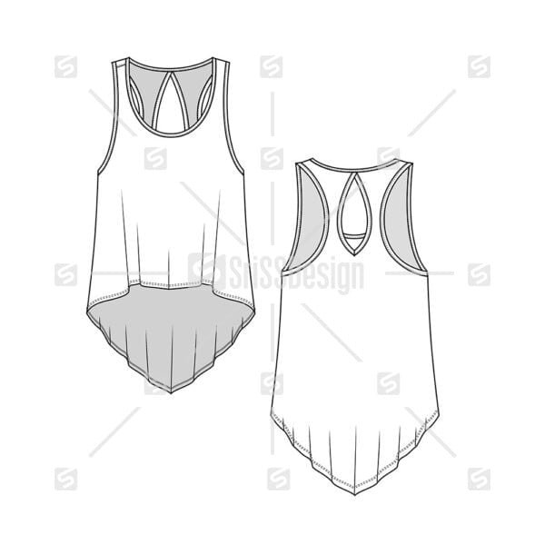 Fashion muscle back Tank top v shape hem flat sketch drawing