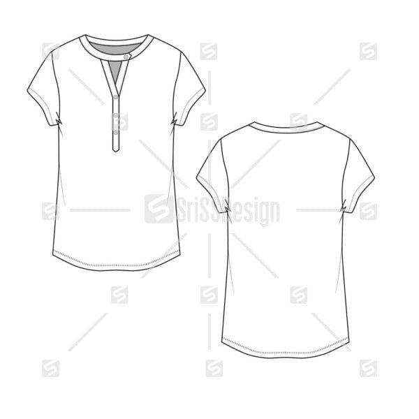 Fashion Henley neck button placket  t-shirt blouse sketch technical drawing