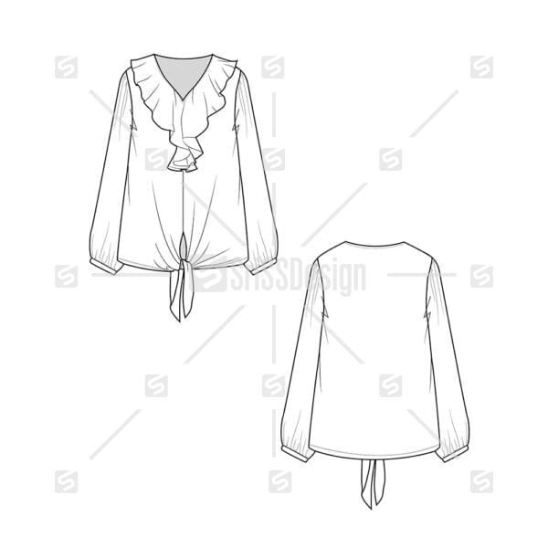 Fashion Ruffles front knot tie Tops blouse flat sketch technical drawing