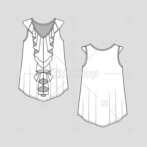 Fashion V neck ruffles tank tops  flat sketch technical drawing
