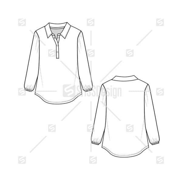 Fashion new collar  button placket  panel gathering hem long sleeve flat sketch vector template design