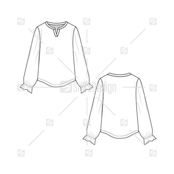 Fashion notch neck long sleeve gathering hem Blouse top  technical drawing flat sketch vector  design template
