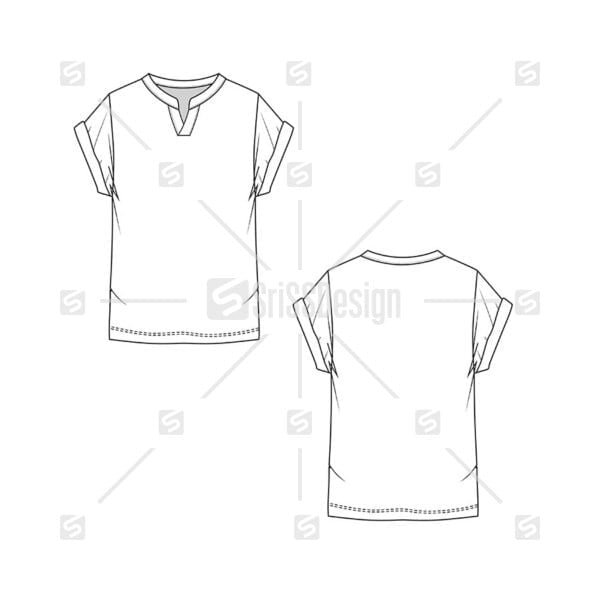 Fashion notch neck roll up sleeve top technical drawing flat sketch template vector