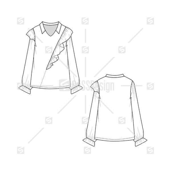Fashion one side shoulder Ruffle Sleeve gathering Top flat sketch technical drawing design vector