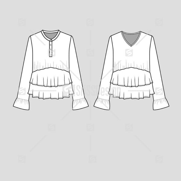 Layered Ruffles Henley neck Top blouse flat sketch technical drawing