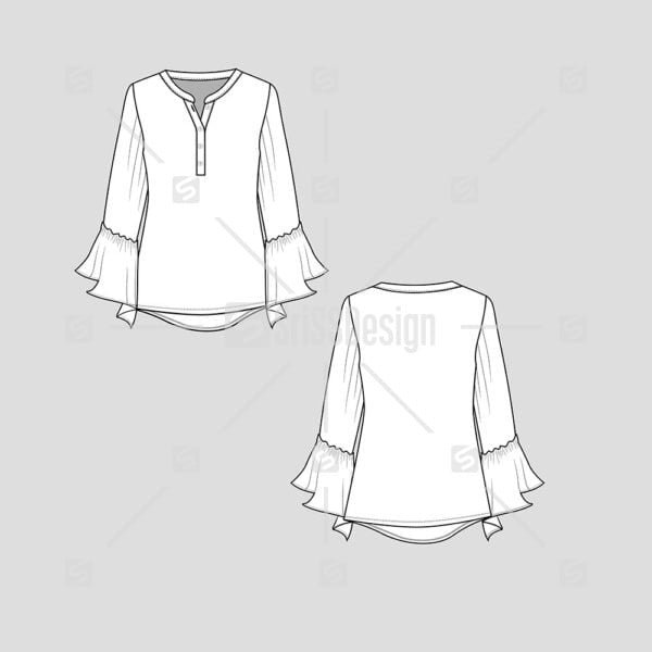 Fashion Ruffles bell sleeve Henley neck Top t-shirt blouse flat sketch technical drawing