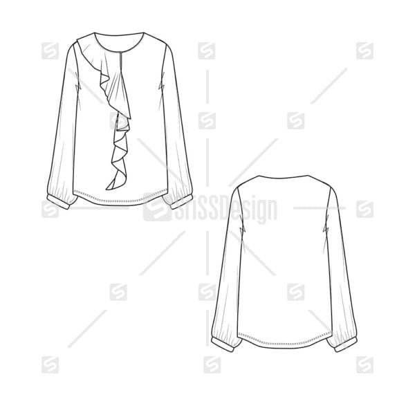 Fashion Front Ruffles Top sleeve cuff with gathering blouse flat sketch