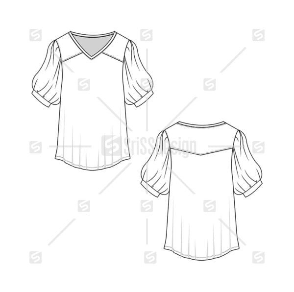 Fashion Bubble sleeve blouse top flat sketch drawing template
