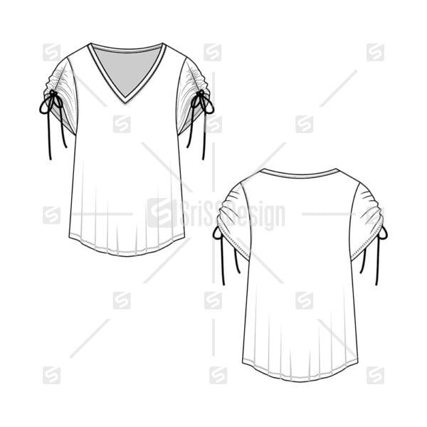Fashion V neck sleeve gathered knot top technical flat sketch drawing