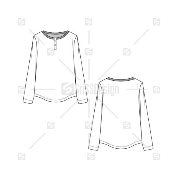 Henley long Sleeve t-shirt top technical flat sketch drawing vector