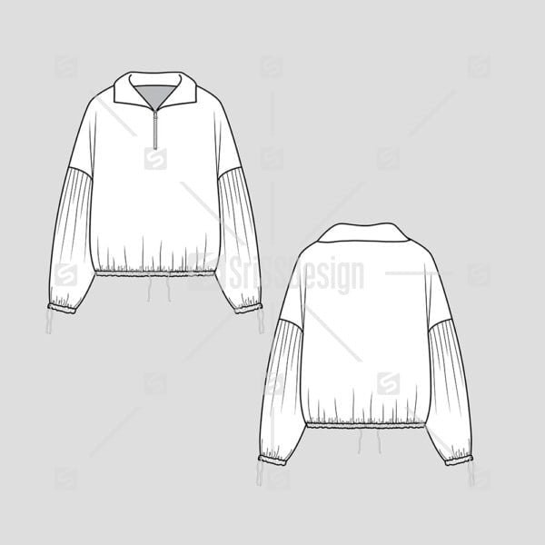 High neck Half zipper Sweatshirt drop shoulder flat sketch technical drawing