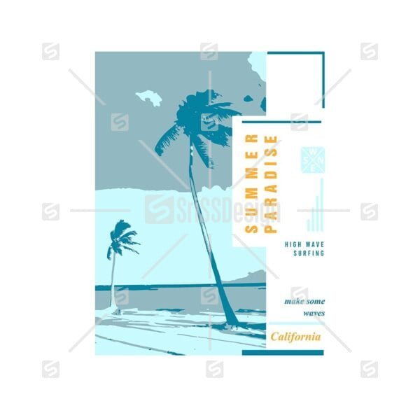 Summer Paradise beach  scene  t-shirt and apparel design with palm tree  silhouettes, typography, print, vector illustration