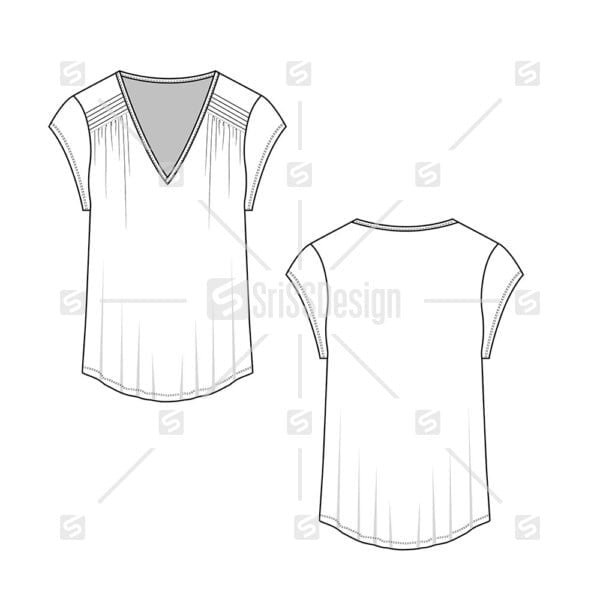 Women Deep v neck Shoulder Pleated Gathering short sleeve t-shirt top flat sketch template drawing