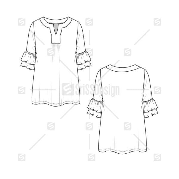 Women Fashion layered sleeve ruffle fancy neck top drawing flat sketch