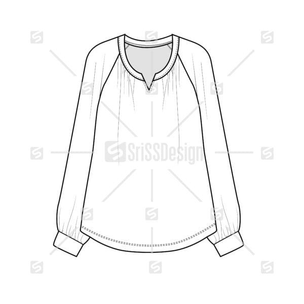 Women Notch neck Raglan Long sleeve top technical drawing flat sketch