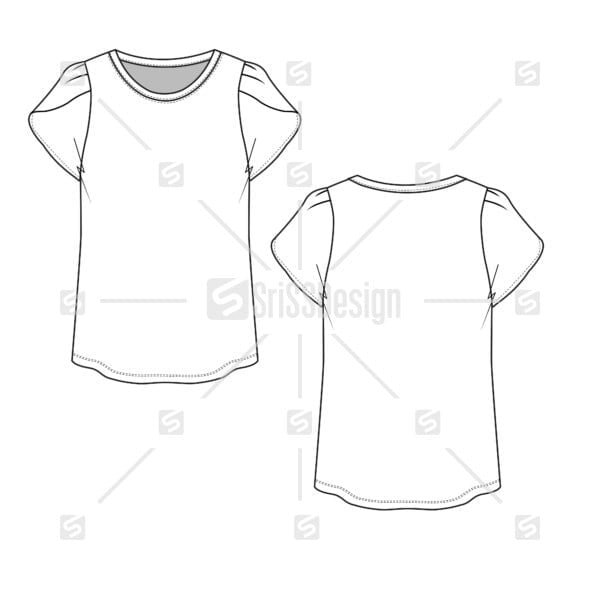 Crew Neck Petal sleeve blouse Top T-shirt technical flat sketch drawing