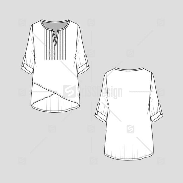 Fashion Henley pleated crisscross hem top roll up sleeve tab flat sketch drawing