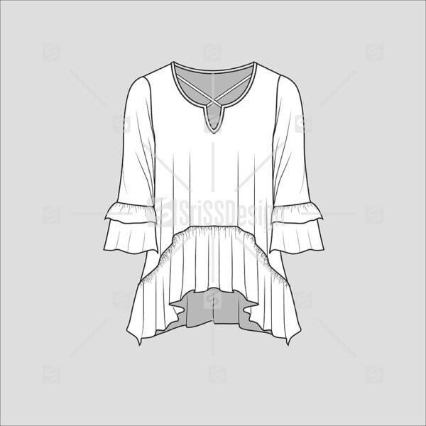 Ruffles hem crisscross neck asymmetrical Dip hem top flat sketch