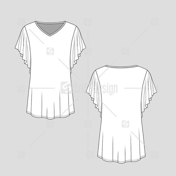 Ruffles sleeve v neck tunic top flat sketch technical drawing