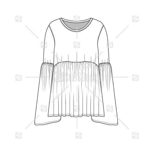 Women Fashion bell sleeve Peplum top technical flat sketch drawing vector
