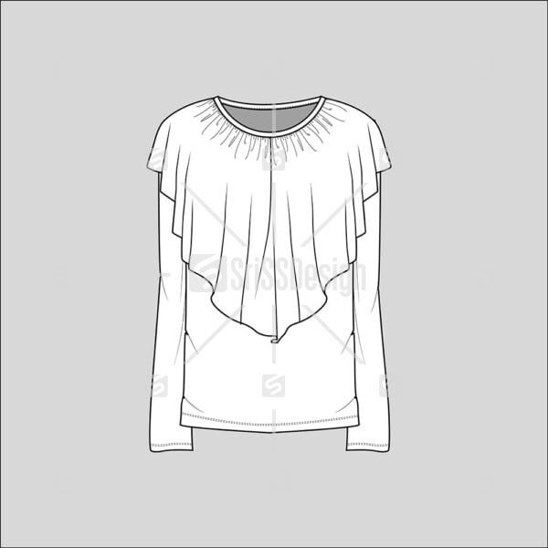 Fashion neck ruffles long sleeve crew neck top flat sketch technical drawing