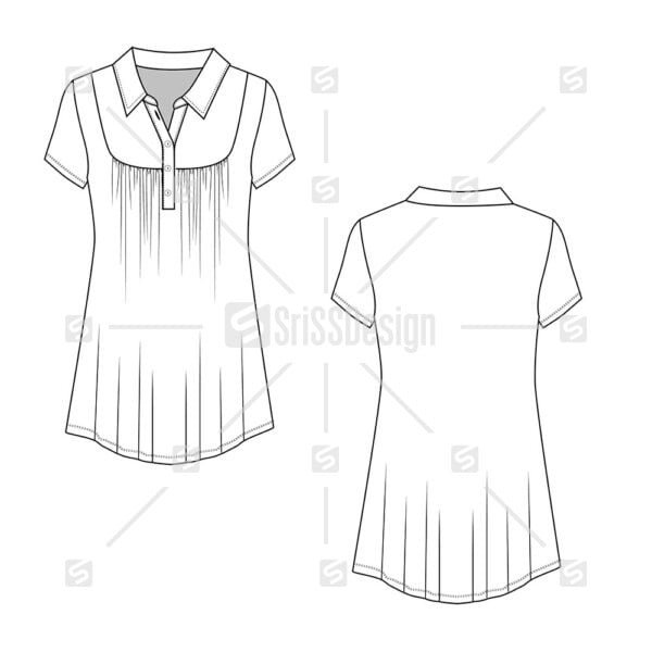 women Polo collar gathering short sleeve t-shirt top flat sketch