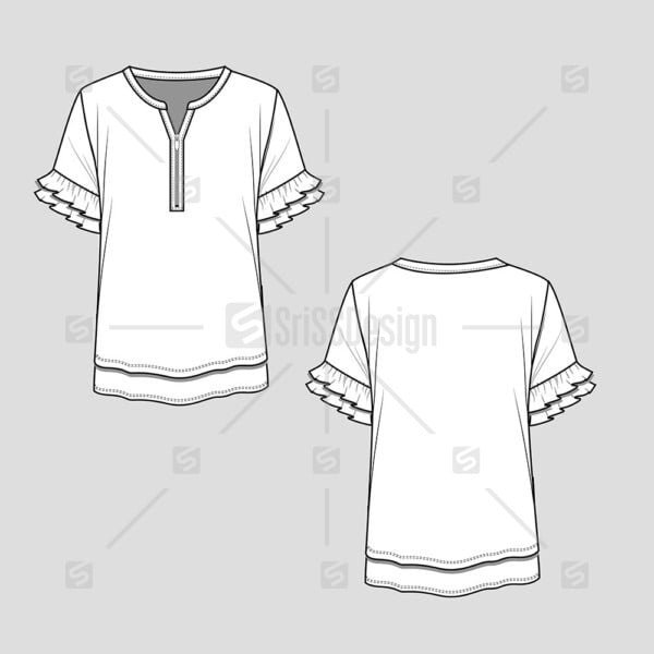 Henley  half open zipper placket sleeve ruffle blouse top flat sketch