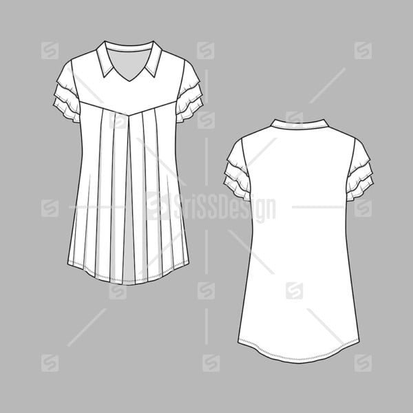 Pleated Collar Tunic Tops Layered Ruffles Sleeve Flat Sketch
