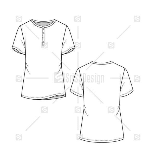 Slim fit Henley neck t-shirt top technical  flat sketch drawing