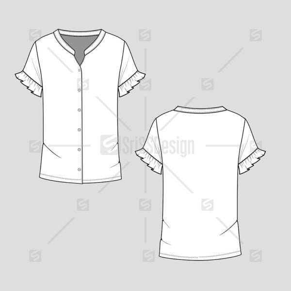 Stand Collar button panel ruffle sleeve t-shirt top  technical flat sketch template