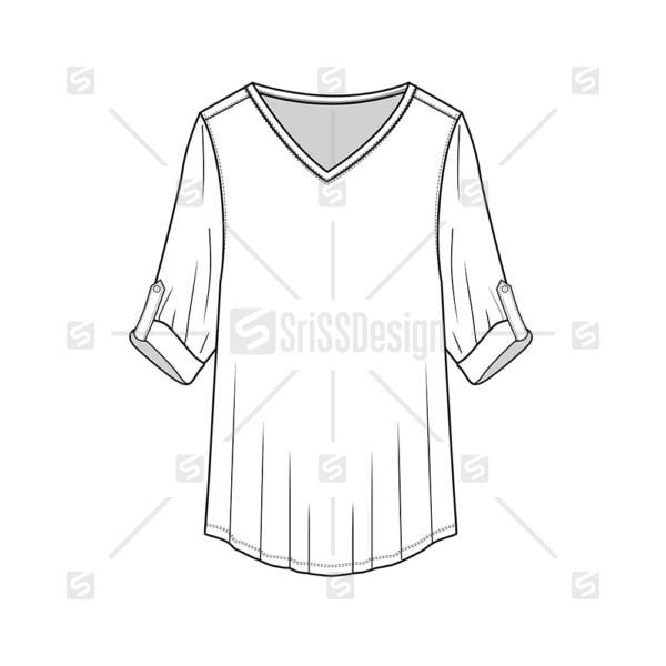 Women V Neck Fold Up Sleeves T-Shirt Tops Blouse flat sketch