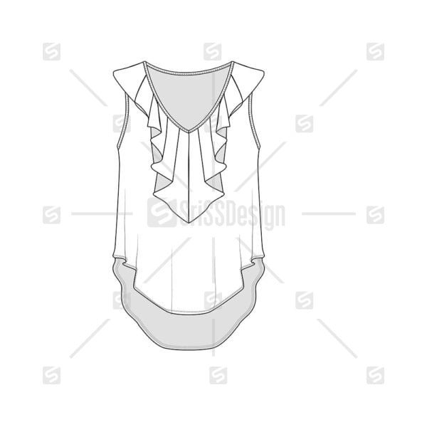 V neck with Fancy Ruffles Sleeveless high low hem top technical flat sketch