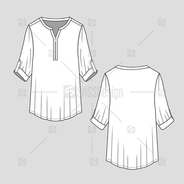 Zipper Neck Roll tab Sleeves T-Shirt Tops Blouse fashion flat sketch technical drawing
