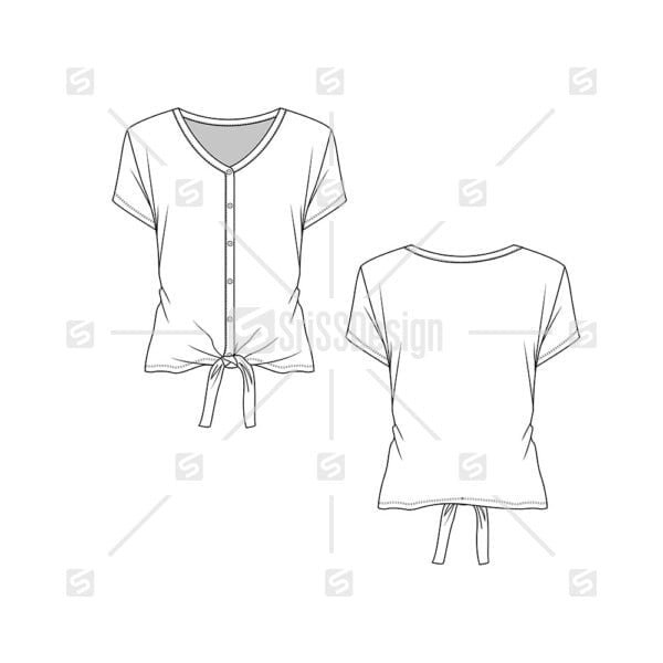 Womens Henley full open Knotted T-shirt top technical flat sketch